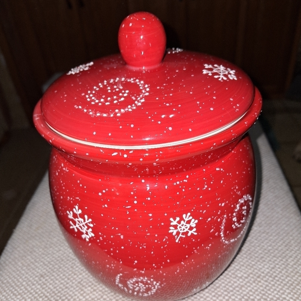 A Crofton red holiday cookie jar. It's pre-owned. Cheerful and festive.